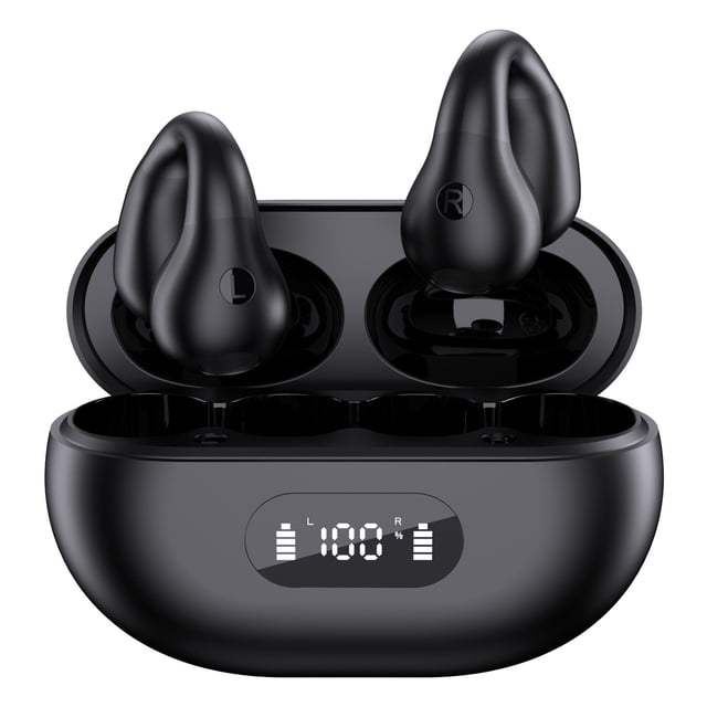 auriculares bluetooth conducción ósea oído abierto pantalla digital inteligente auriculares inalámbricos ligeros ergonómicos para deportes estuche ovalado negro abierto con dos auriculares negros en sus ranuras marcados L/R, carcasa ABS y pantalla LED frontal que muestra '100' con barras de nivel; diseño de ajuste ligero y ergonómico, también adecuados para llamadas y uso durante el ejercicio.