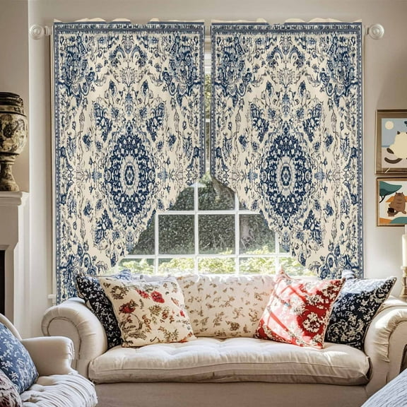 Vintage Farm Swag Curtain Valance for Windows, Blue Flowers Bohemian Style Farmhouse Window Treatments Short Swag Topper for Kitchen Windows Bathroom Bedroom, 36"x36"
