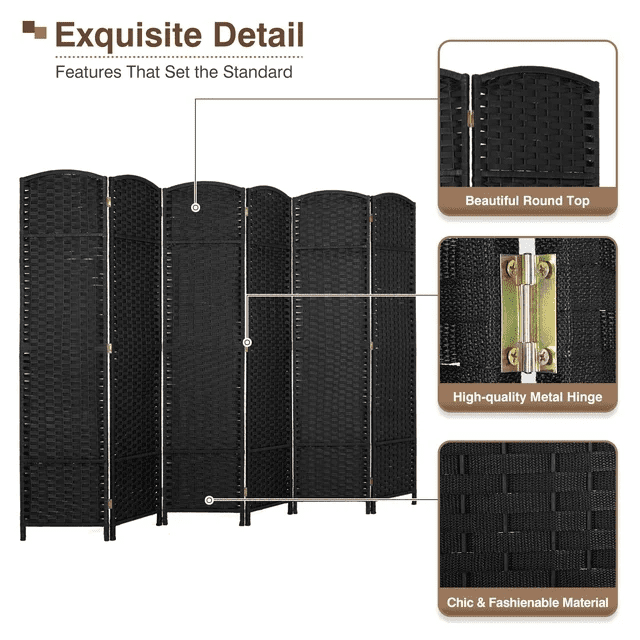 CL.HPAHKL 8 Panel Room Divider 5.57 ft Tall, Folding Privacy Screen with Hand-Woven Design & Solid Wood Frame, Freestanding Room Partition Panel for Home, Office, Black
