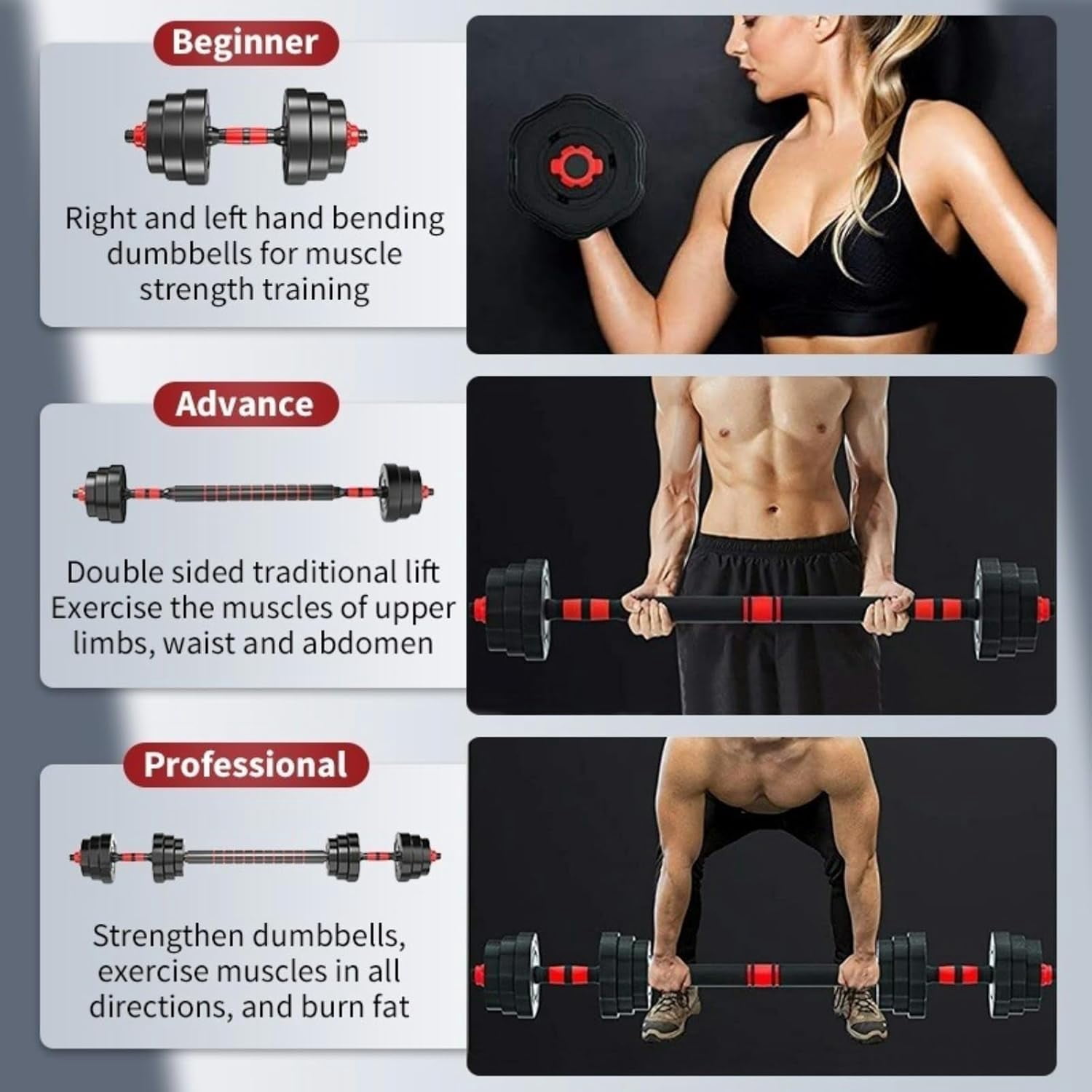 Adjustable Weights Dumbbells Set, Free Weights Dumbbells Set of 2 with Connector, 3 in1 Dumbbells Set Used as Barbell, Push up Stand, Home Gym Fitness Workout Equipment for Men and Women