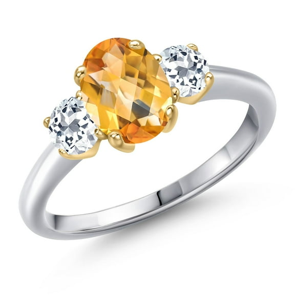 Gem Stone King 925 Silver and 10K Yellow Gold Yellow Citrine and White Topaz Engagement Ring for Women | 1.91 Cttw | Oval Checkerboard 8X6MM | Gemstone November Birthstone | Size 7