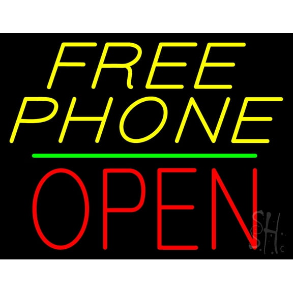 Yellow Free Phone Block Open Green Line LED Neon Sign 24 x 31 - inches, Clear Edge Cut Acrylic Backing, with Dimmer - Bright and Premium built indoor LED Neon Sign for Computer & Electronics store.