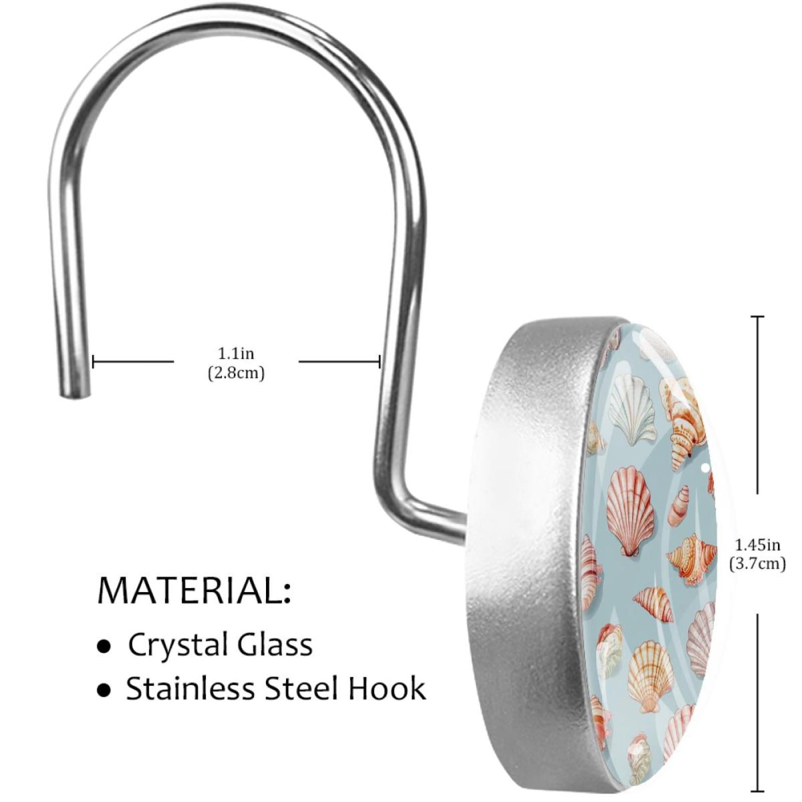 Colored Shells and Conches Shower Curtain Hooks Round Crystal Glass, Set of 12 Shower Curtain Rings - Shower Hooks for Curtain Shower Rings