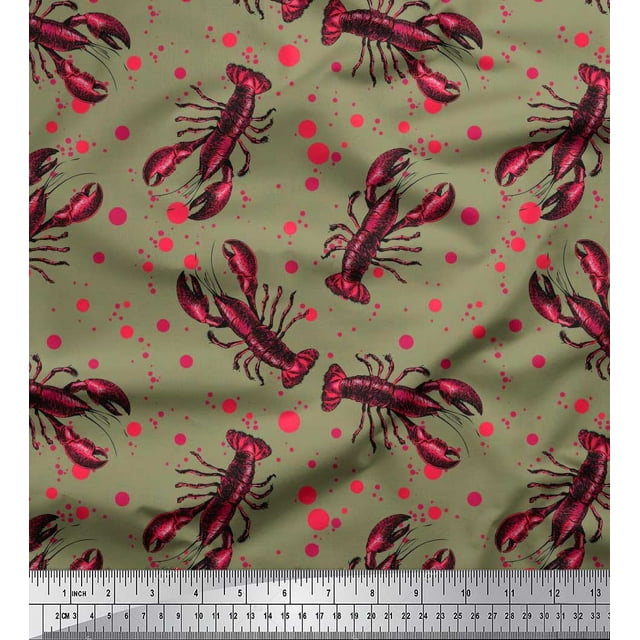Soimoi Polyester Crepe Fabric Dot & Lobster Ocean Printed Fabric 1 Yard 52 Inch Wide
