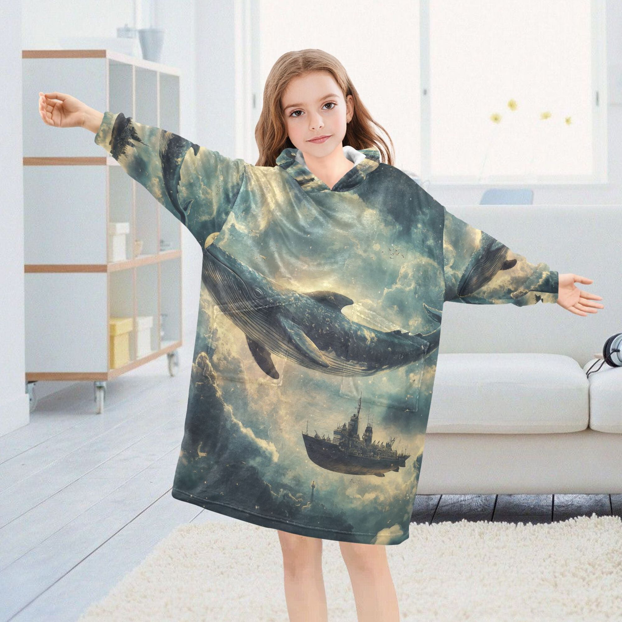 FORMRS Wearable Blanket Hoodie with Sleeves for Kids Cozy Flannel Sweatshirt, Beige Floating Whale