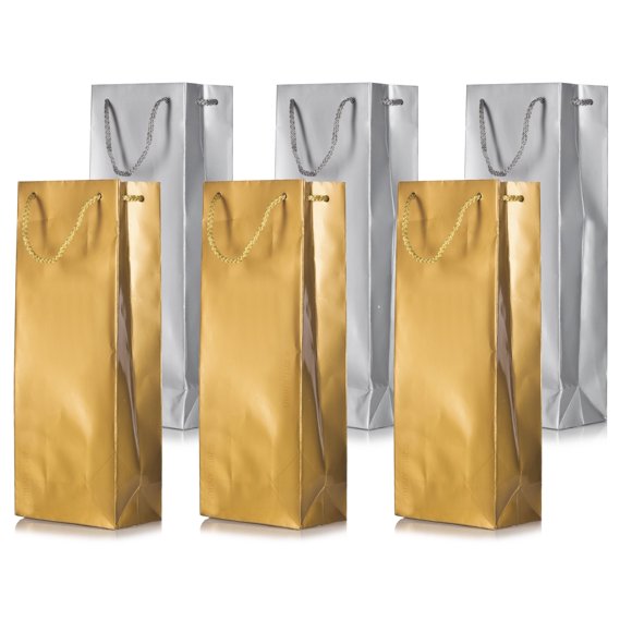 Metallic Wine Bottle Gift Bags Set (6 Pack - 3 of Each Design) - Metallic Gold and Metallic Silver for Birthdays, Anniversaries, Weddings, Gift Favors, and Holidays