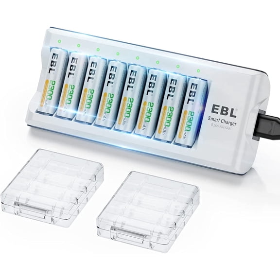 EBL Rechargeable AA Batteries 2300mAh Long Lasting Battery (8 Counts) with Battery Charger for AA AAA Ni-MH Ni-Cd Rechargeable Batteries