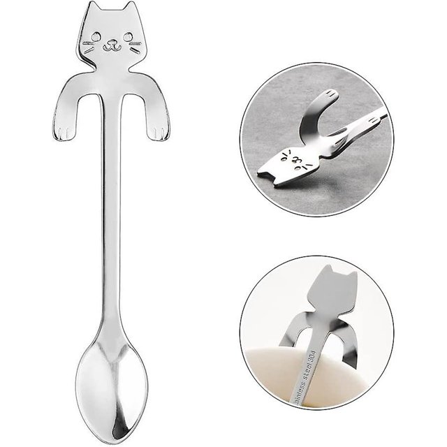 Mini cucharas de café para gatos de acero inoxidable 4 piezas sopa de té postre de azúcar aperitivo cucharas colgantes aparato de cocina Afortunado Sencillez