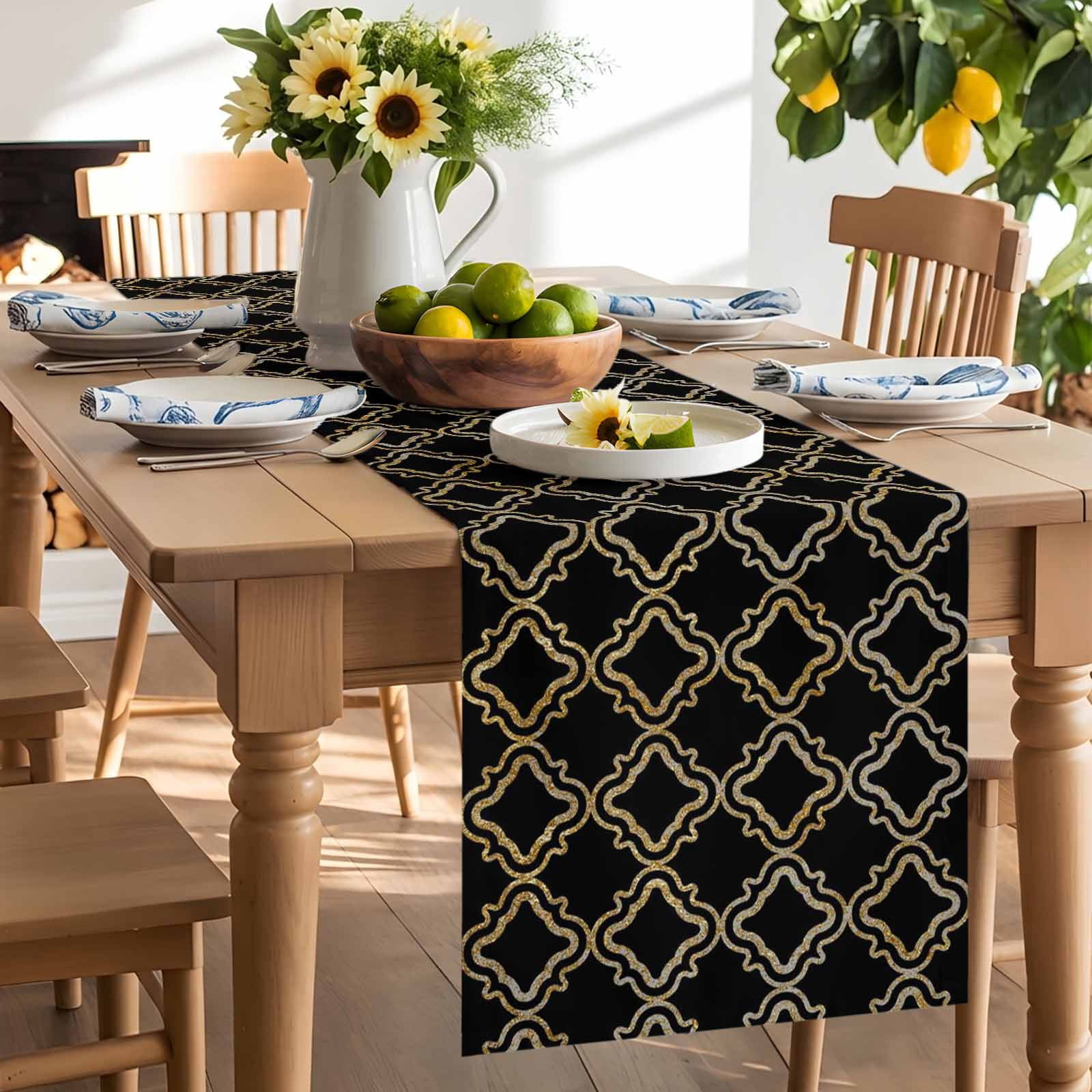 Abstract Geometric Table Runner 18x72 Inch Modern Gold and Black Retro Plaid Texture Cotton Linen Dining Table Runner Ideal for Dresser Kitchen Coffee Tables - Machine Washable
