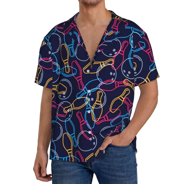 Bingfone Multicolor Bowling for Men's Cuban Collar Short Sleeve Shirt with Pocket Button Down Cardigan Summer Shirt-Medium