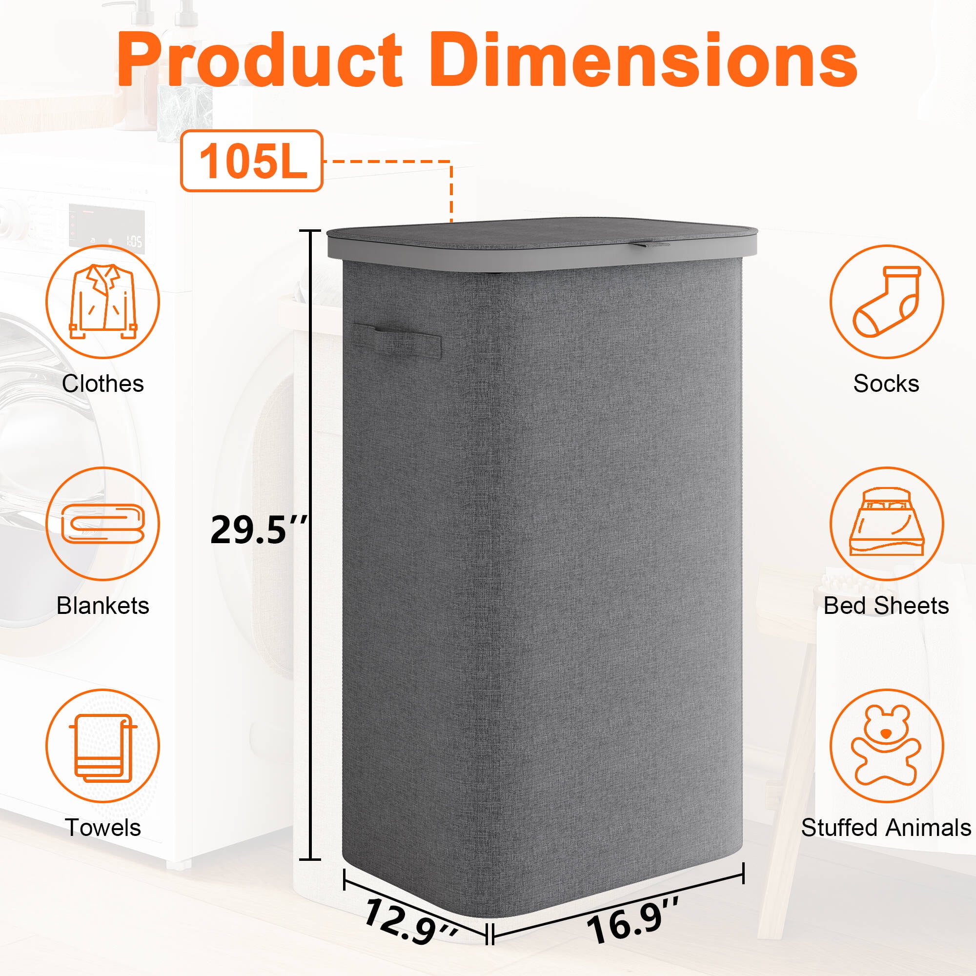 BGTREND 2PCS Slim Laundry Hamper with Lid 110L Foldable Clothes Basket with Removable Mesh Bag & Handle for Closet Bathroom Bedroom (Gray)
