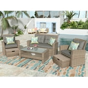 KOIOS Rattan Wicker Patio Furniture, 4 Piece Outdoor Conversation Set with Storage Ottoman, All-Weather Sectional Sofa Set with Gray Cushions and Table for Backyard, Porch, Garden, Poolside, Gray