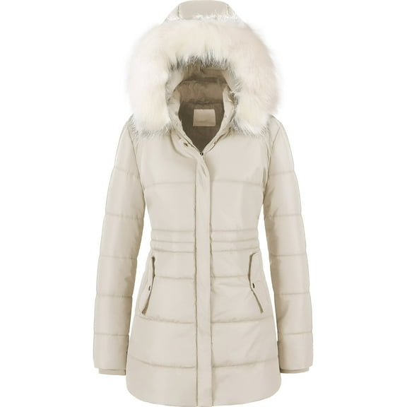 Chrisuno Women's Insulated Winter Jacket Thicken Coat Warm Padded Windproof Mid-Long Parka With Detachable Hood Beige S
