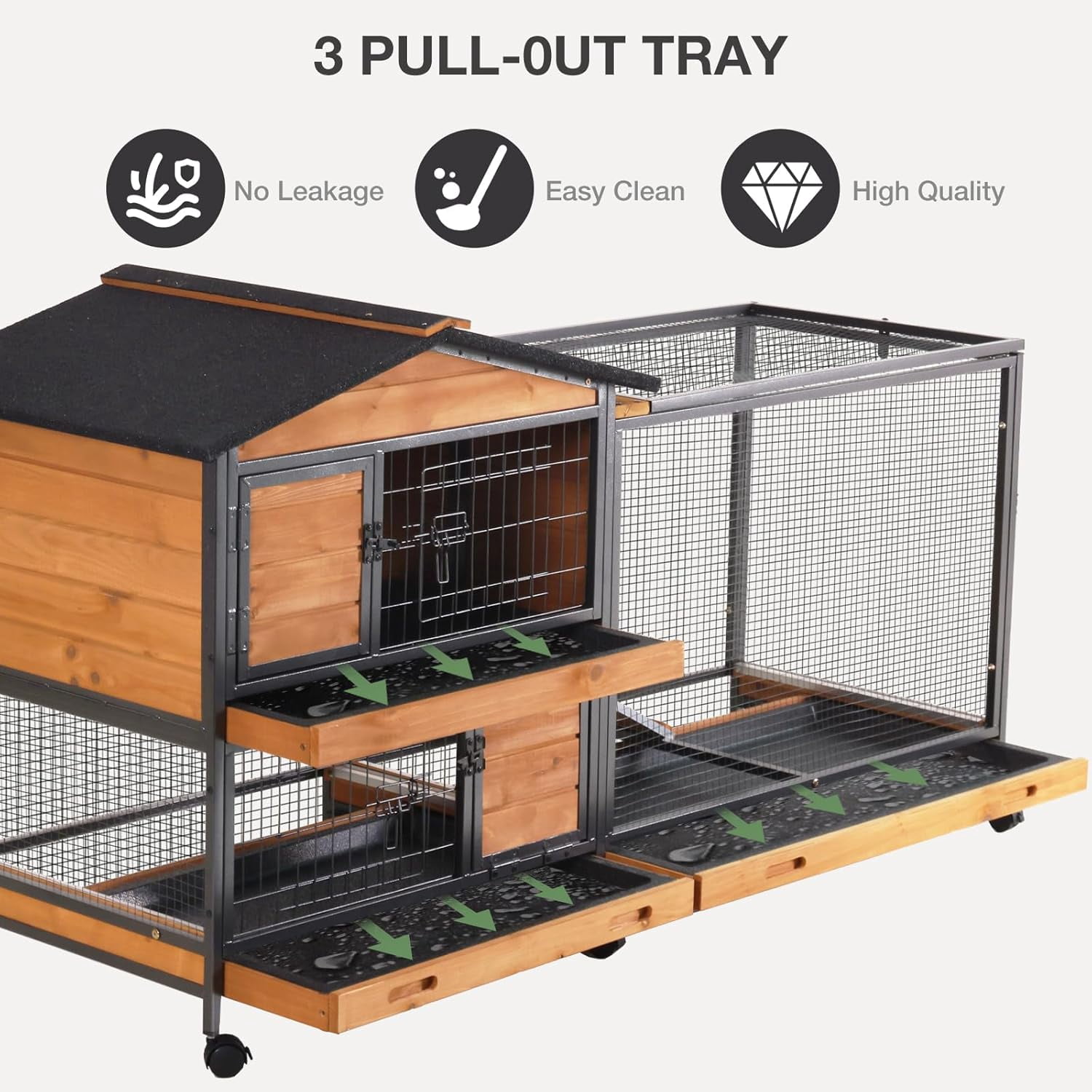 Rabbit Hutch Outdoor,Bunny Cage with Wheels and Removable Proof Tray,Weatherproof Rabbits Cage Indoor with Chew-Resistant Metal Frame