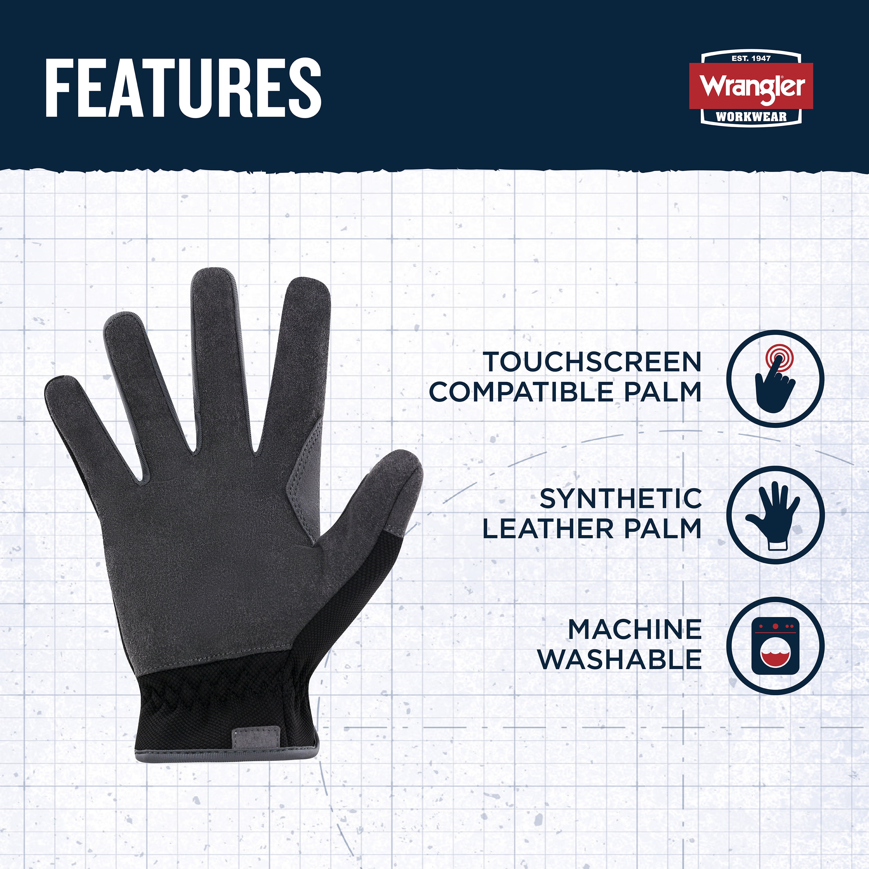 Wrangler Men’s Utility Work Gloves – Large, Synthetic Leather Palm Glove, Reinforced Grip, Breathable