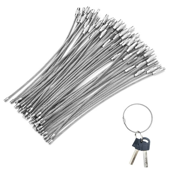 50 Pack Silver Stainless Steel Wire Keychain Cable, 2 mm x 5.9" Large Key Ring Holder with Twist Barrel, Heavy Duty Luggage Tag Loops for Car Bag Dog Charm Collar