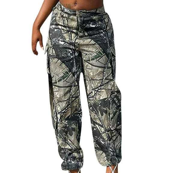 Honeeladyy Women Camo Pants Mid Waist Straight Leg Baggy Camouflage Cargo Pants Streetwear Trousers Adult Gift for Daughter Camouflage XL