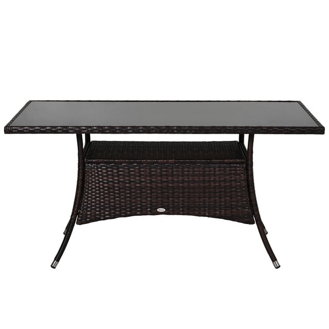 Garden Dining Table, Patio Rattan Dining Table with Glass Top, Storage Shelf for Yard, 59" x 34" x 29", Brown