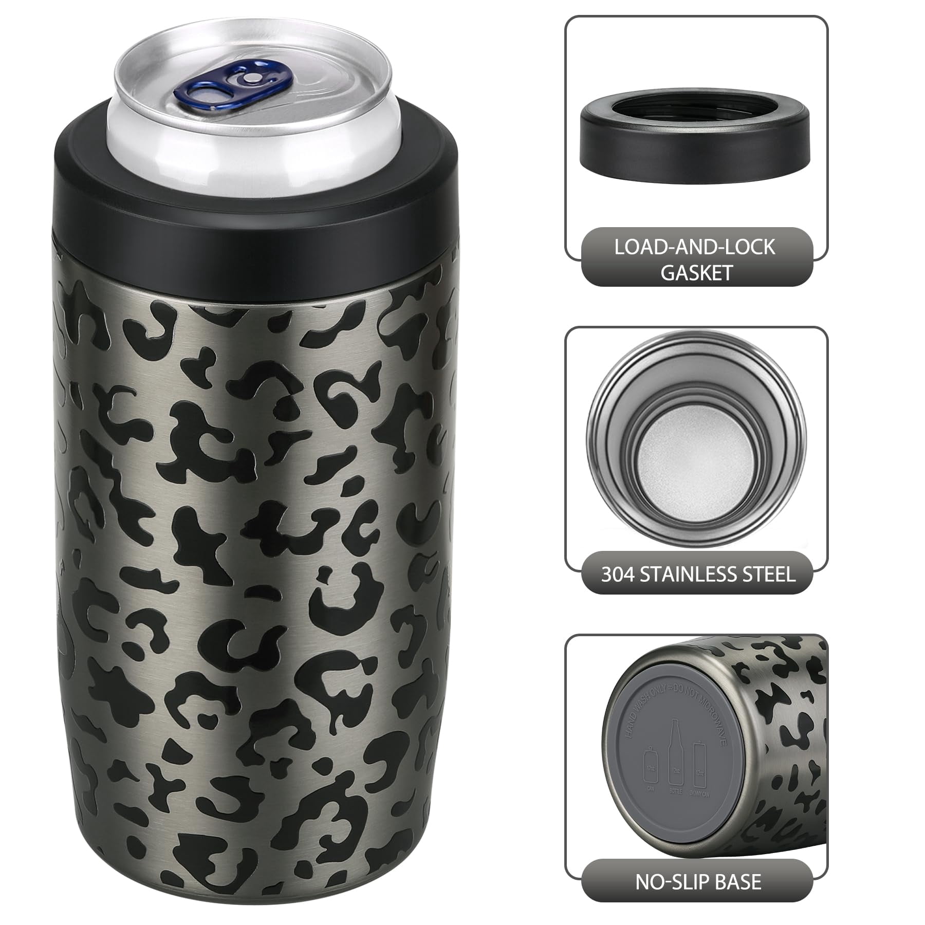 Jslove 4 in 1 Insulated Can Cooler - Universal Size for 12 oz Cans, Slim Cans, and Bottles - Black Leopard