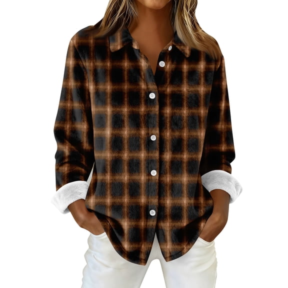 Womens flannel shirt Long Sleeve Plaid Shirts Casual Button Down Shirt Tops Plus Size Soft Blouse Tops OIOLOYJM Light Brown L