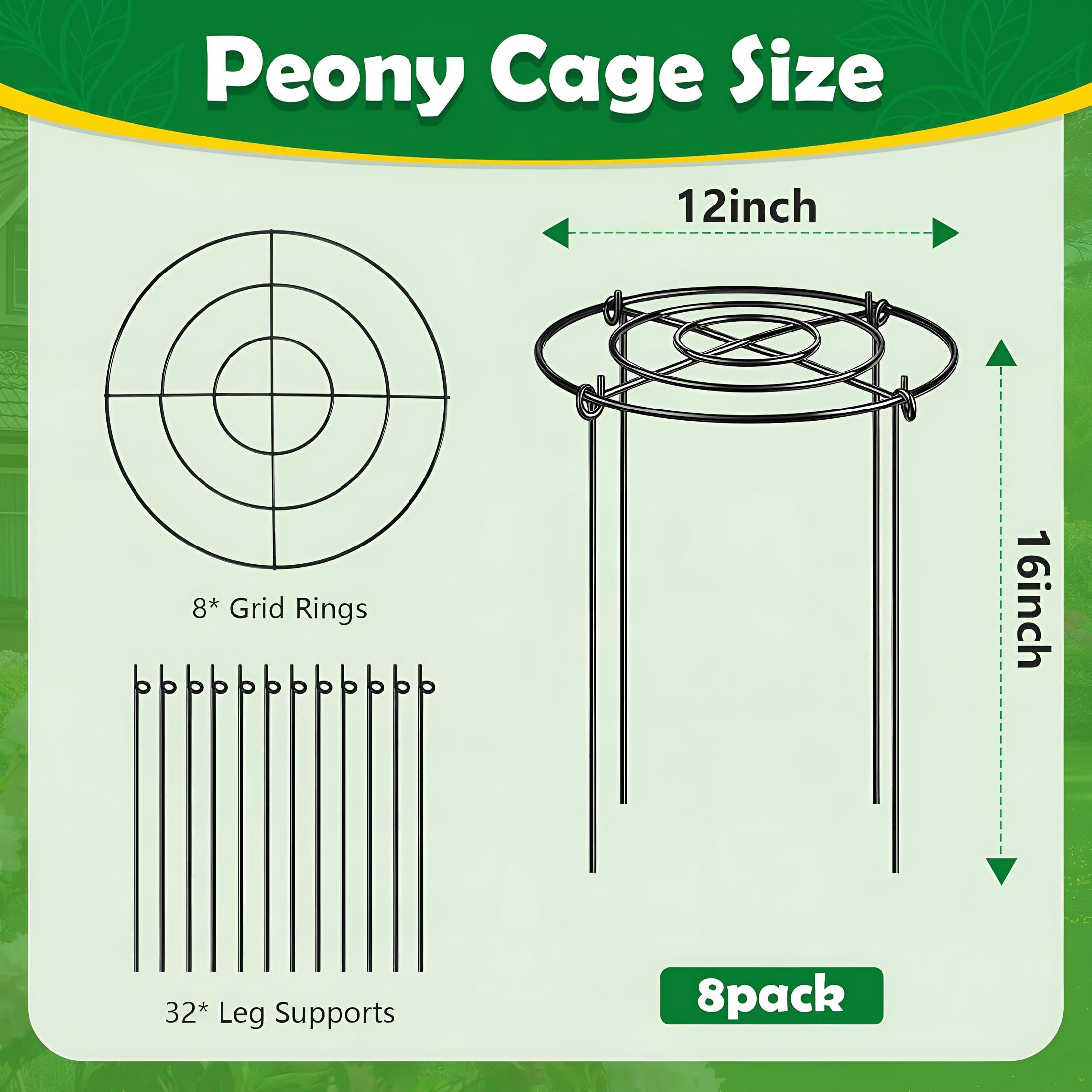 ZHZFKQ Peony Cages and Supports 8 Pack,12X16 Inch Heavy Duty Metal Plant Cage for Outdoor Plants-Grow through Flower Support Rings for Peonies,Roses,Tomatoes&Hydrangeas