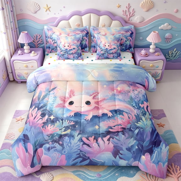 Manfei Colorful Axolotl 7-Piece Twin Bedding,Aquatic Amphibian Bedding Comforter Set,Polkadot Reversible