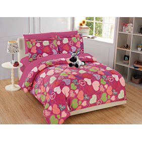 Fancy Linen 6pc Twin Comforter Set Zebra Heart Peace Sign Pink
