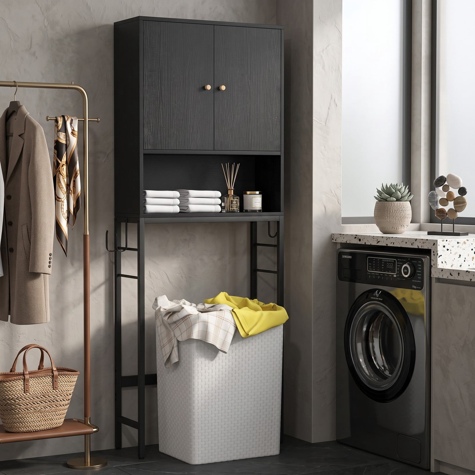 ALPULON Tall Over the Toilet Storage Cabinet with 2 Doors and Adjustable Shelf for Small Bathroom and Laundry Room, Black