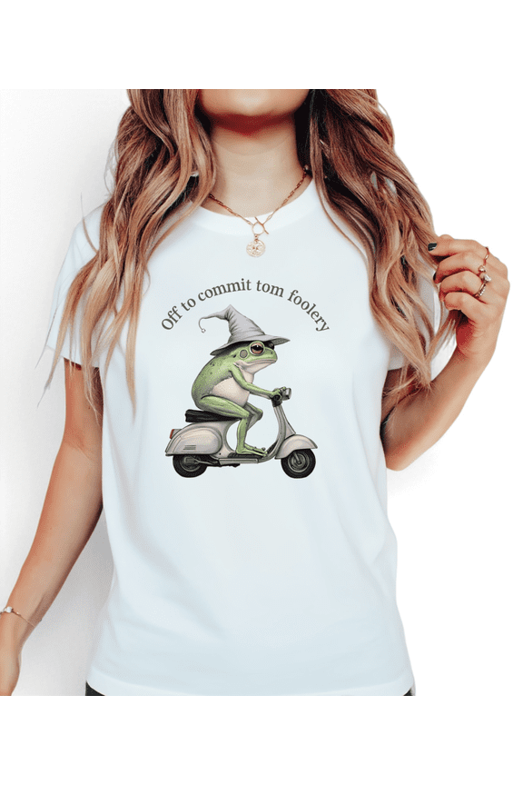 Women's Whimsical "Off To Commit Tom Foolery" Witch Frog On Scooter Graphic Casual T Shirt Short Sleeve Round Neck Top White S-5XL