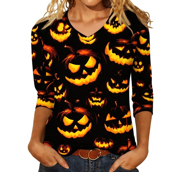 Yuncity Womens Tshirt V Neck 3/4 Sleeve Halloween Pumpkin Graphic Tees Summer Fall Shirts Casual Stylish Outdoor Athletic Tops Size L