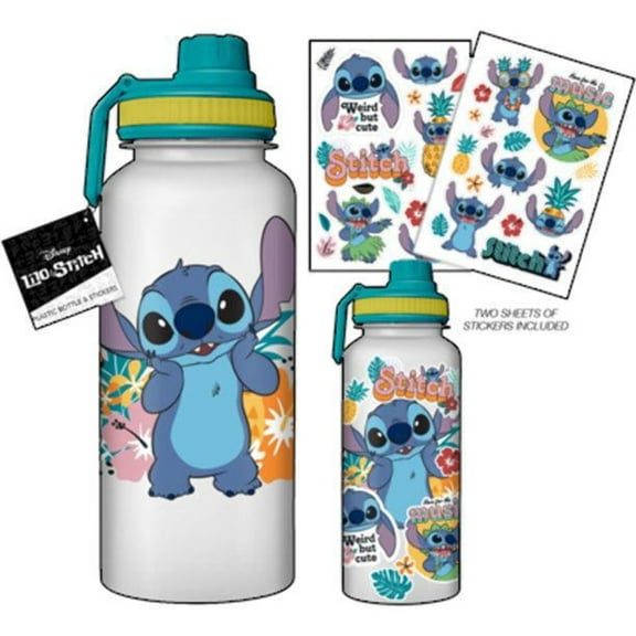 Disney: Lilo  Stitch - Flower Badges 32oz Twisted Spouted Plastic Bottle with Sticker Set