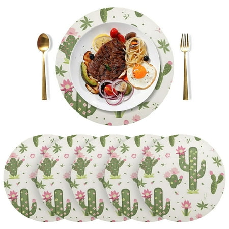

Ryvnso Cactus and Pink Flowers Round Plate Mats Dining Table Placemat Set of 6 for Holiday Decoration