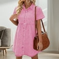 thumbnail image 2 of Women Babydoll Dress Women's Short Sleeve A-line Faux Denim Button-down Mini Dress Solid Color Lapel Patchwork Dress for Dating Commuting Party Wear, 2 of 5
