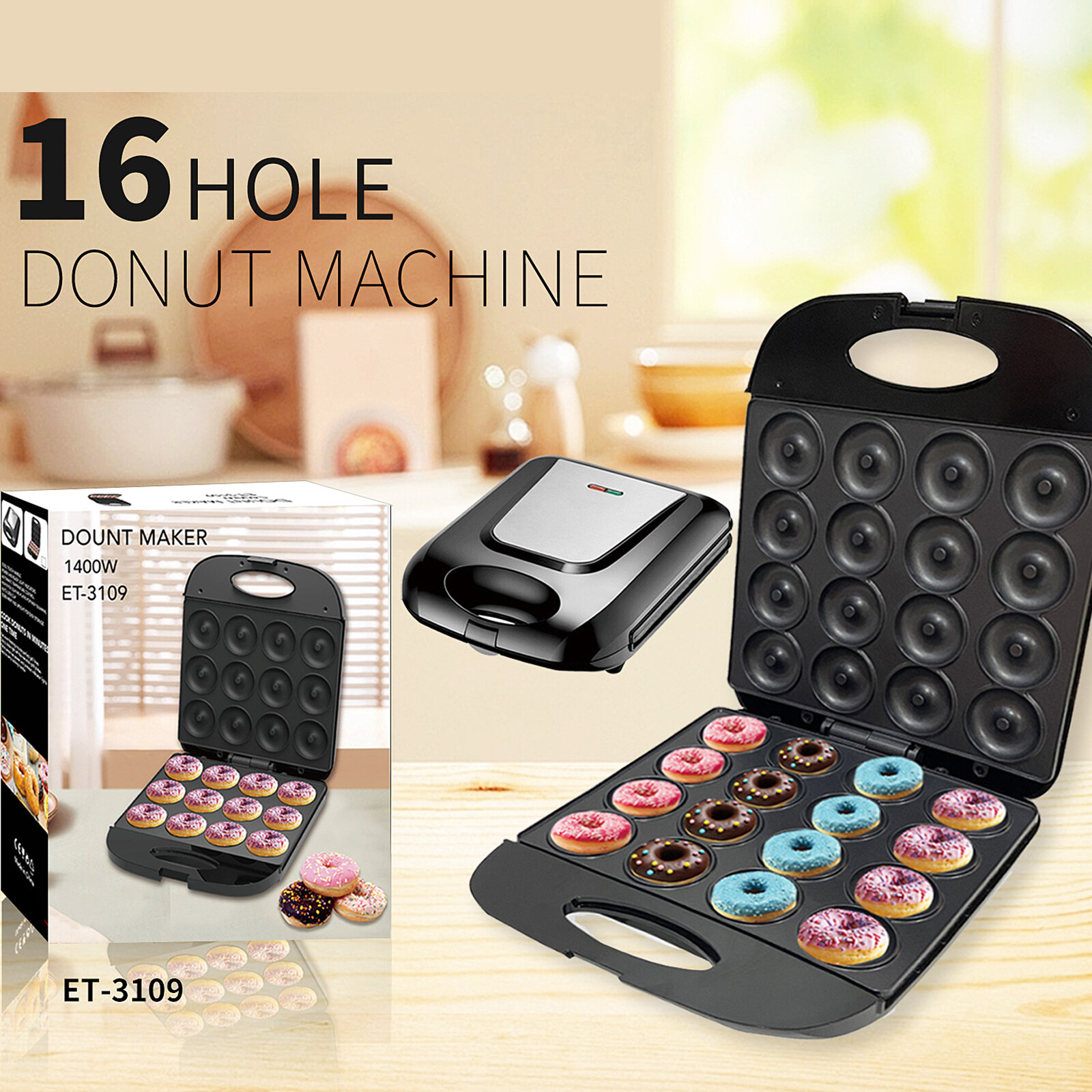 SAVALETOR Mini Donut Maker,Non Stick Donut Maker Machine,Mini Pancake Maker Machine Double Sided Heating ,16 Holes Mini Donuts For Home Baking Breakfast, Snacks, Desserts & More,Easy to Clean