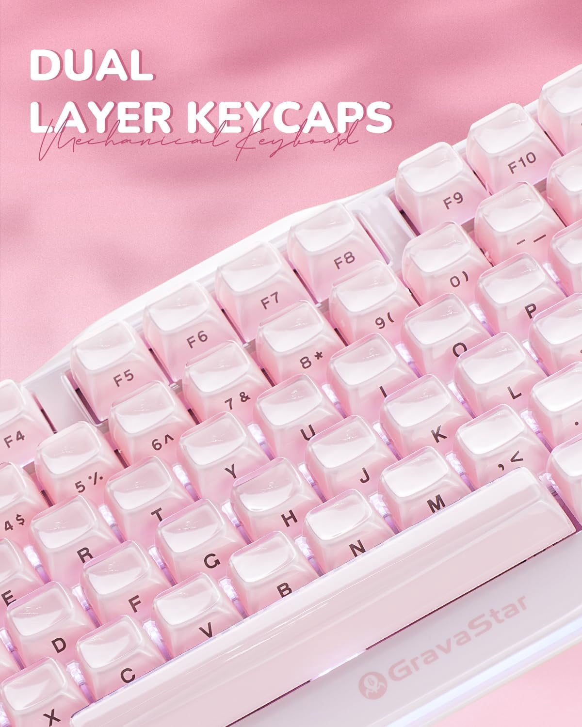 GravaStar Mercury K1 75% Wireless Mechanical Keyboard, Gasket Mount, 8000mAh Battery, Kailh Cherry Pink Linear Switches, RGB Lighting - Sakura Pink
