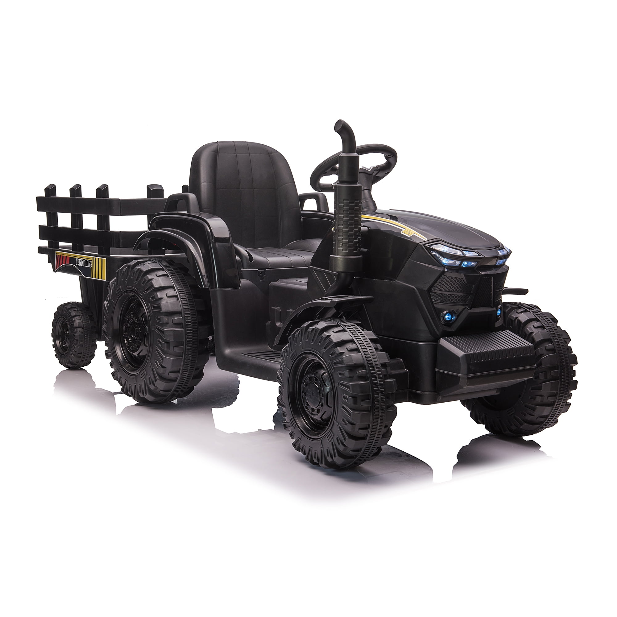 CIPACHO 24V Double Drive Ride On Tractor with Trailer, Electric Kids Car with 2.4RC Key Start, Sound (no music), USB, MP3, Power Display, Black CIPACHO 24V Double Drive Ride On Tractor with Trailer, Electric Kids Car with 2.4RC Key Start, Sound (no music), USB, MP3, Power Display, Black