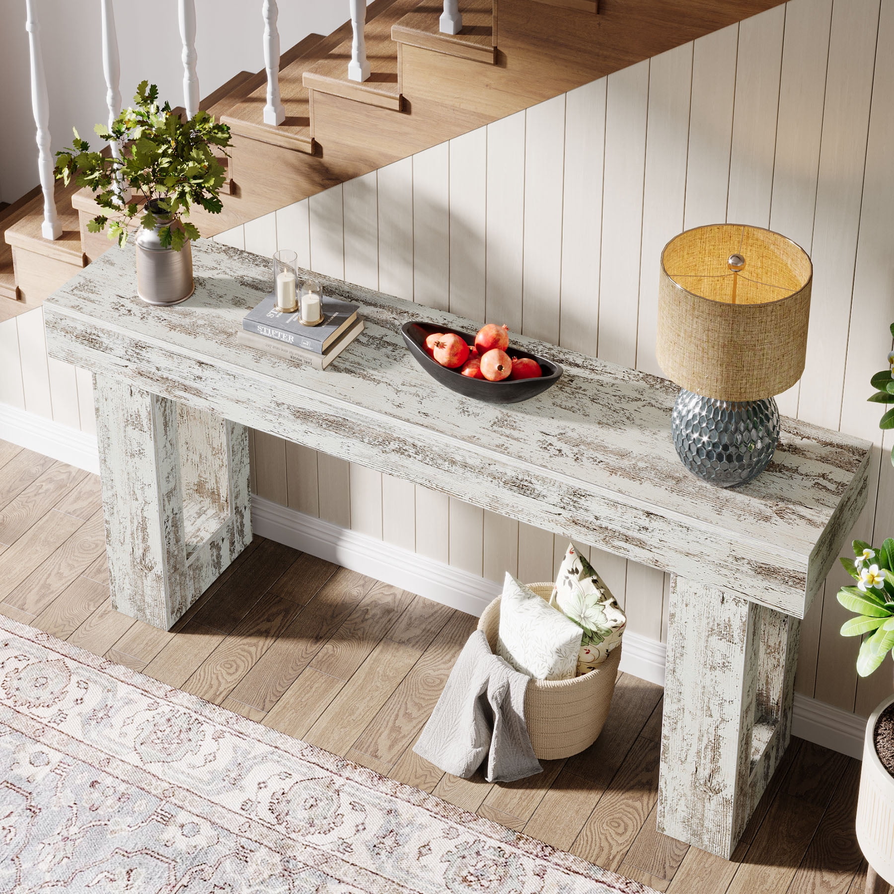 Tribesigns 63-Inch Long Console Table, Farmhouse Wooden Sofa Table Behind The Couch, Entryway Table for Entrance, Hallway, Living Room, Distressed White