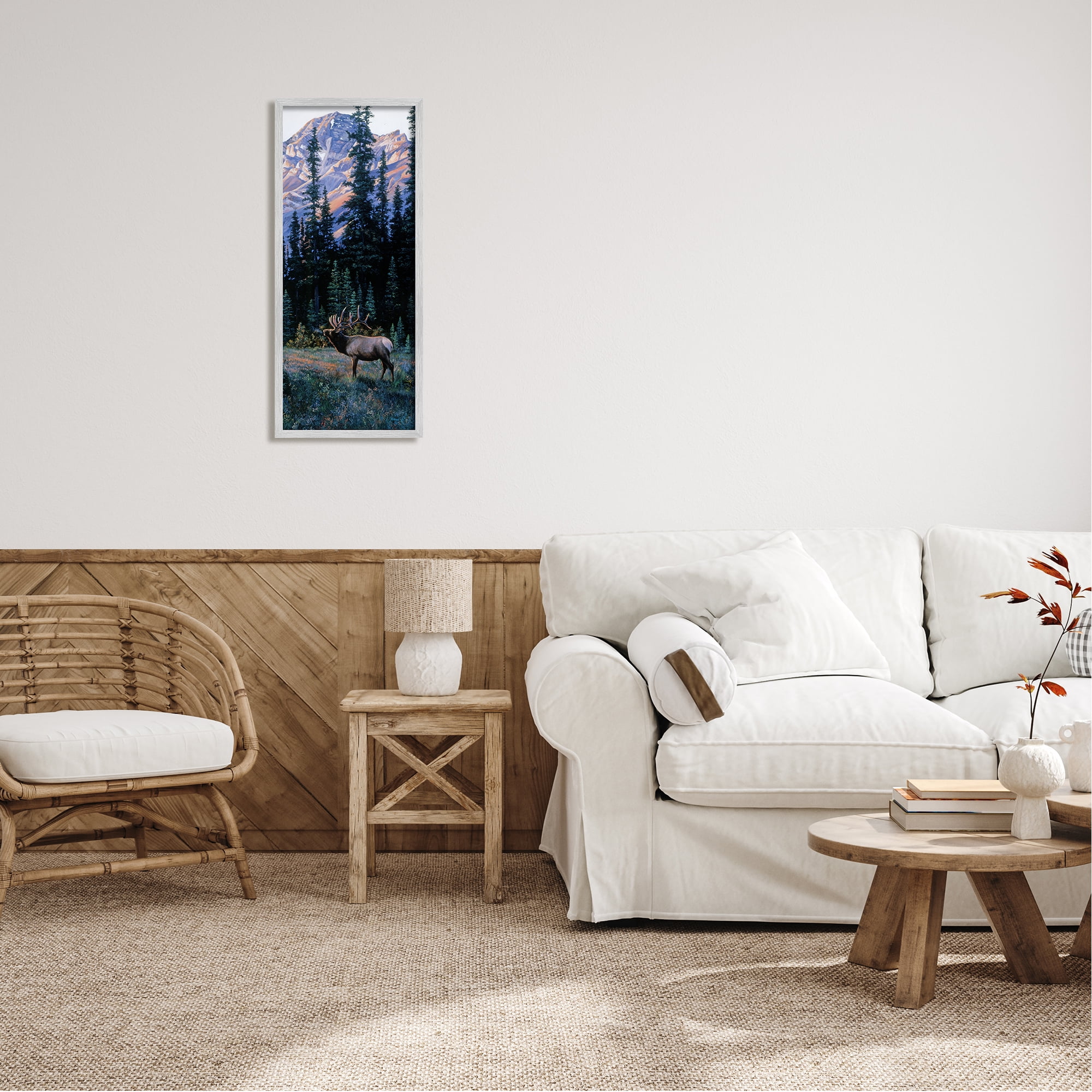 Stupell Industries Deer in Mountain Landscape Nature Painting Gray Framed Art Print Wall Art, 13 x 30