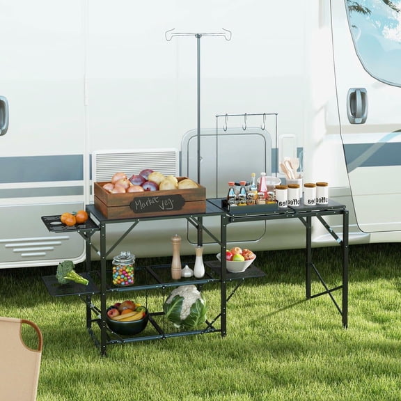 Resenkos Folding Camp Kitchen, Camping Table Cooking Station with Adjustable Lamp Stand, Compact for Campsites, Hiking