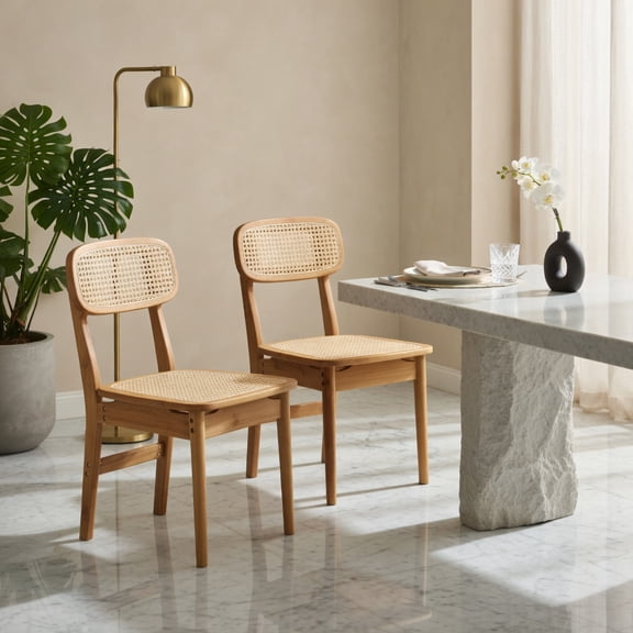 Demi Bonn Set of 2 Rattan Dining Chairs with Simulated Rattan Backrest, Bamboo Kitchen Chair, Beige