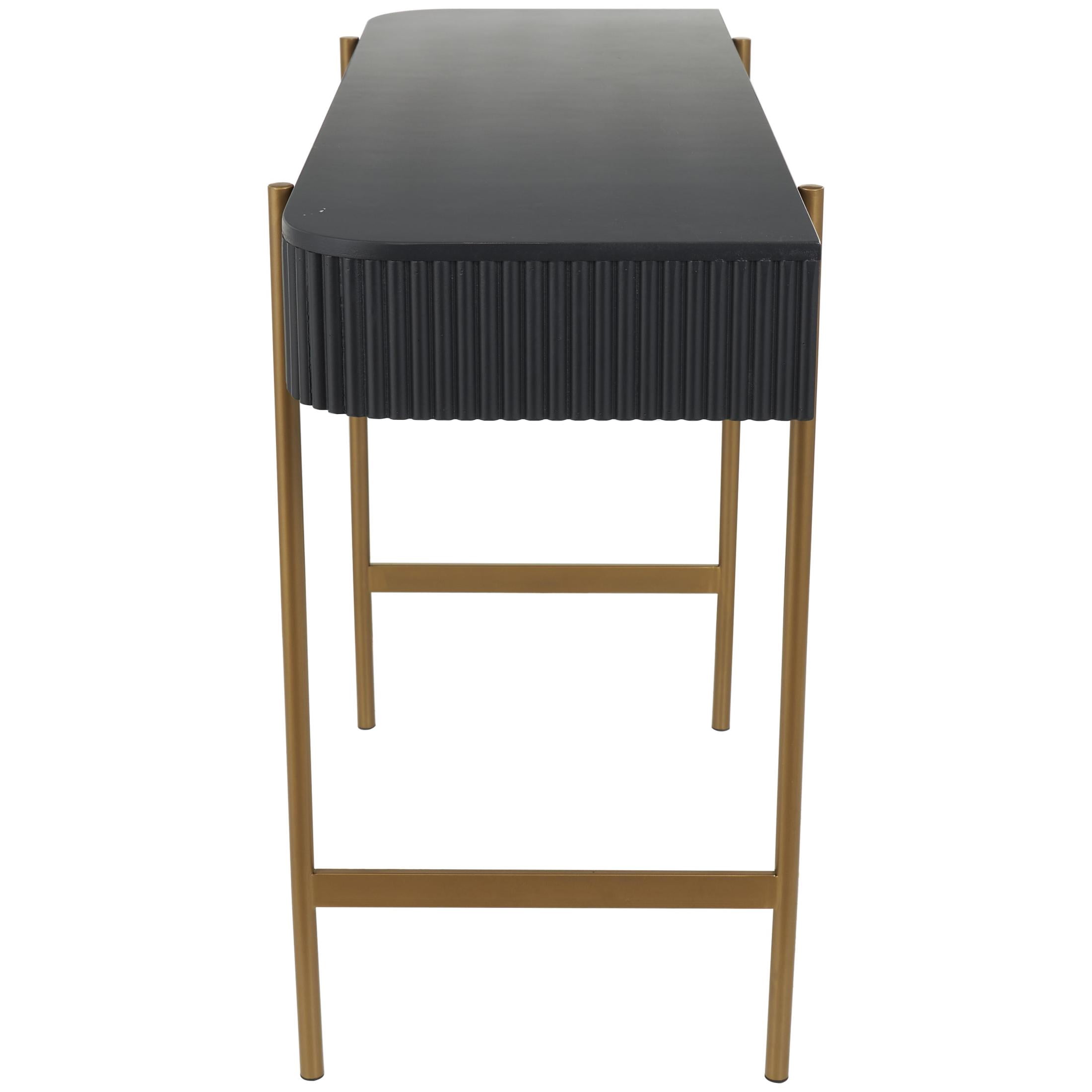 DecMode 42" x 30" Black Wooden Rounded Rectangular Ribbed Console Table with Gold Metal Legs, 1-Piece