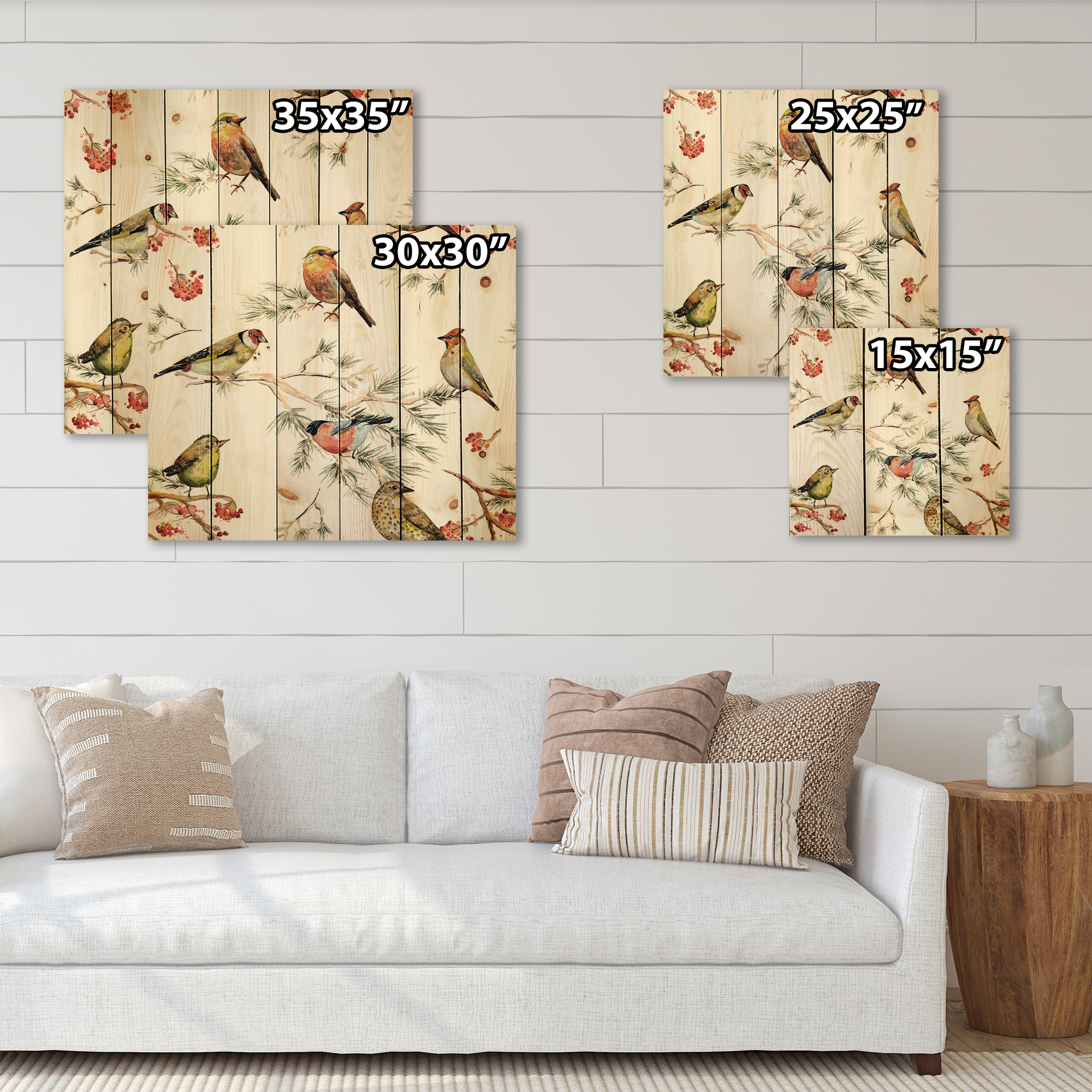Designart 'Forest Birds Sitting On Branches' Traditional Print on Natural Pine Wood