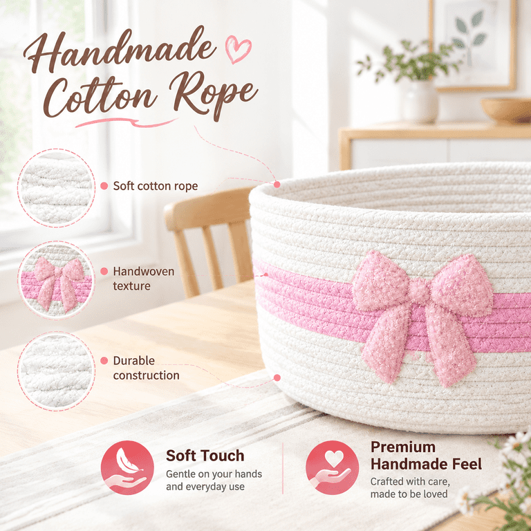 White+Pink Woven Cotton Rope Gift Basket with Bag, Ribbon and Card ...