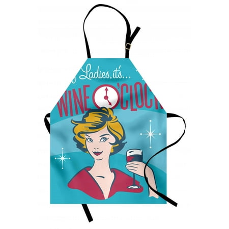 - Wine Apron Ladies It's Wine O'Clock Pretty Woman Drinking Portrait Cheers Retro Design, Unisex Kitchen Bib Apron with Adjustable Neck for Cooking Baking Gardening, Magenta Blue Yellow, by Ambesonne