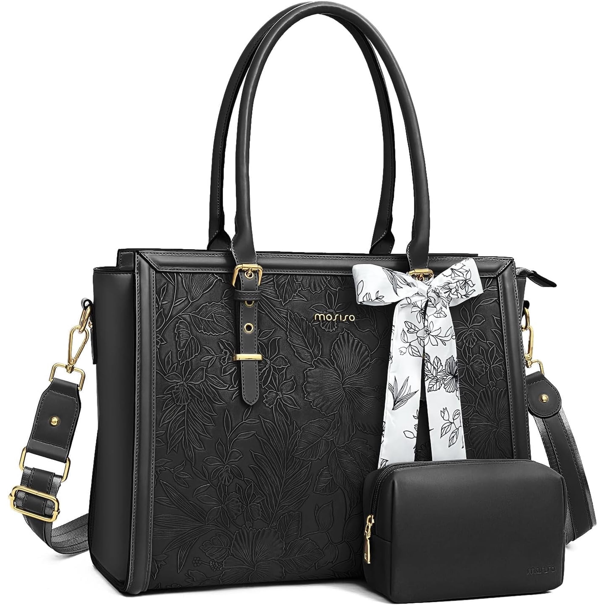 Mosiso Laptop Tote Bag for Women, 17-17.3 inch Waterproof PU Leather Travel Work Office Shoulder Messenger Handbag for MacBook Air Pro HP Dell Asus Acer Computer Satchel Bags, Black