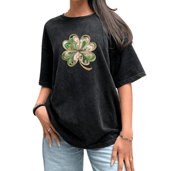 Vintage Swirl Shamrock Washed Print Tshirt Graphic Tees Artistic Shirts Black S-5XL Womens St Patricks Day Holiday Tops