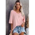 thumbnail image 7 of Light Pink Waffle Texture Ribbed V Neck Drop Shoulder Loose Tee for Women | [ZhiHiMeRi] | 2XL, 7 of 7