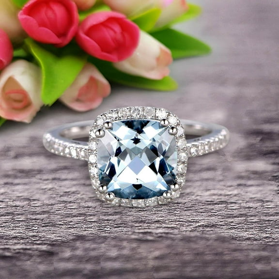 7mm Cushion Cut 2.05 Carat Aquamarine Engagement Ring Anniversary Gift 10k Rose Gold Halo Design