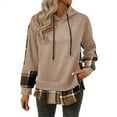 thumbnail image 2 of Women's Patchwork Plaid Hoodie with Drawstring Hood, Casual Long Sleeve Pullover with Side Slits, Comfortable Loose Fit Fall Sweatshirt for Streetwear, Daily Wear and Seasonal Outfits Khaki M, 2 of 4