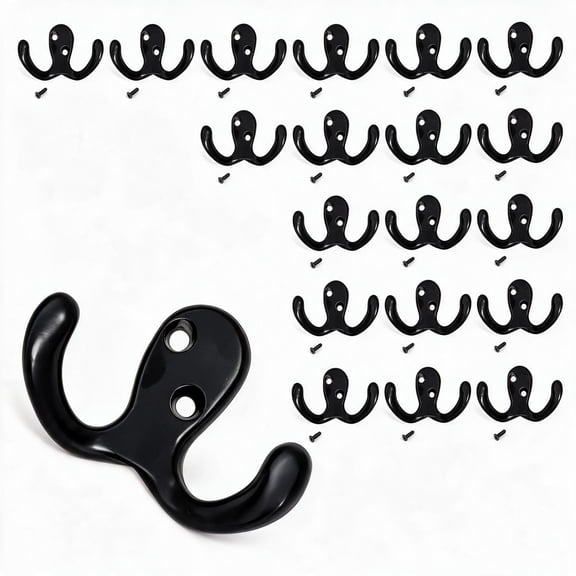 20 Pack Black Double Prong Wall Hooks, Wall Mount Coat Robe Hooks with Mounting Screws, Heavy‑Duty Vintage Style Hanger for Closet, Bathroom, Entryway